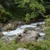 野天風呂風景、川、岩
